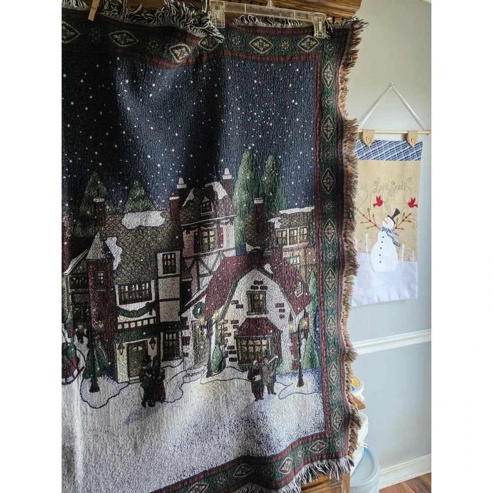 Chatham Christmas Village Throw Royal Tapestry Vintage Cotton USA